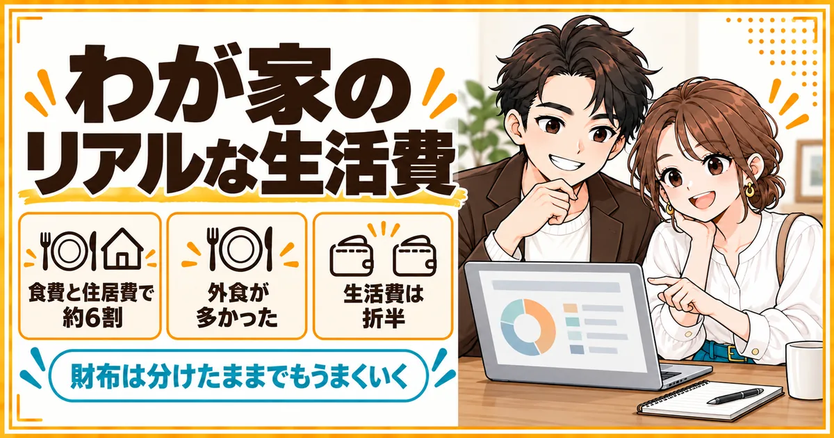 わが家のリアルな生活費。食費と住居費で全体の約6割を占めること、外食が多かったこと、生活費は折半で財布は分けたままにしていることを示す