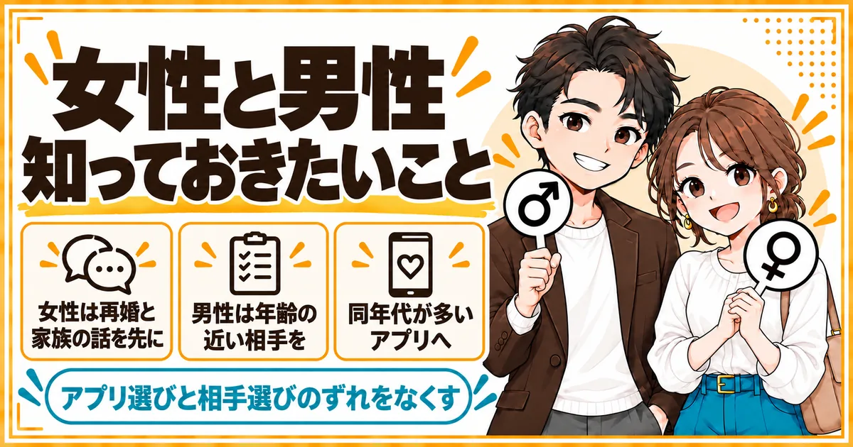 50代の女性は再婚や家族の話を先に確かめ、男性は年齢の近い相手を選び、同年代が多いアプリを使うことを示す