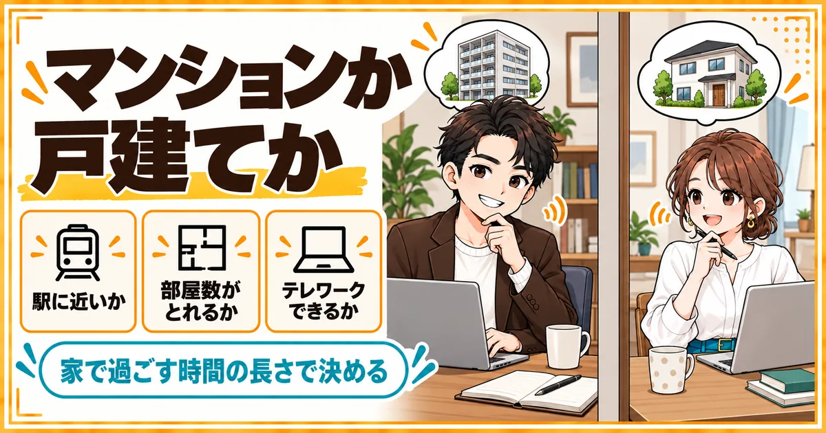 マンションと戸建ての選び方。駅に近いか、部屋数がとれるか、2人が別々にテレワークできるかで決まることを示す