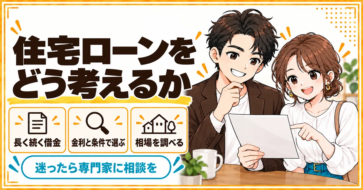 DINKs夫婦の住宅ローンの考え方。長く続く借金であること、金利と条件で選ぶこと、相場を調べること、迷ったら専門家に相談することを示す