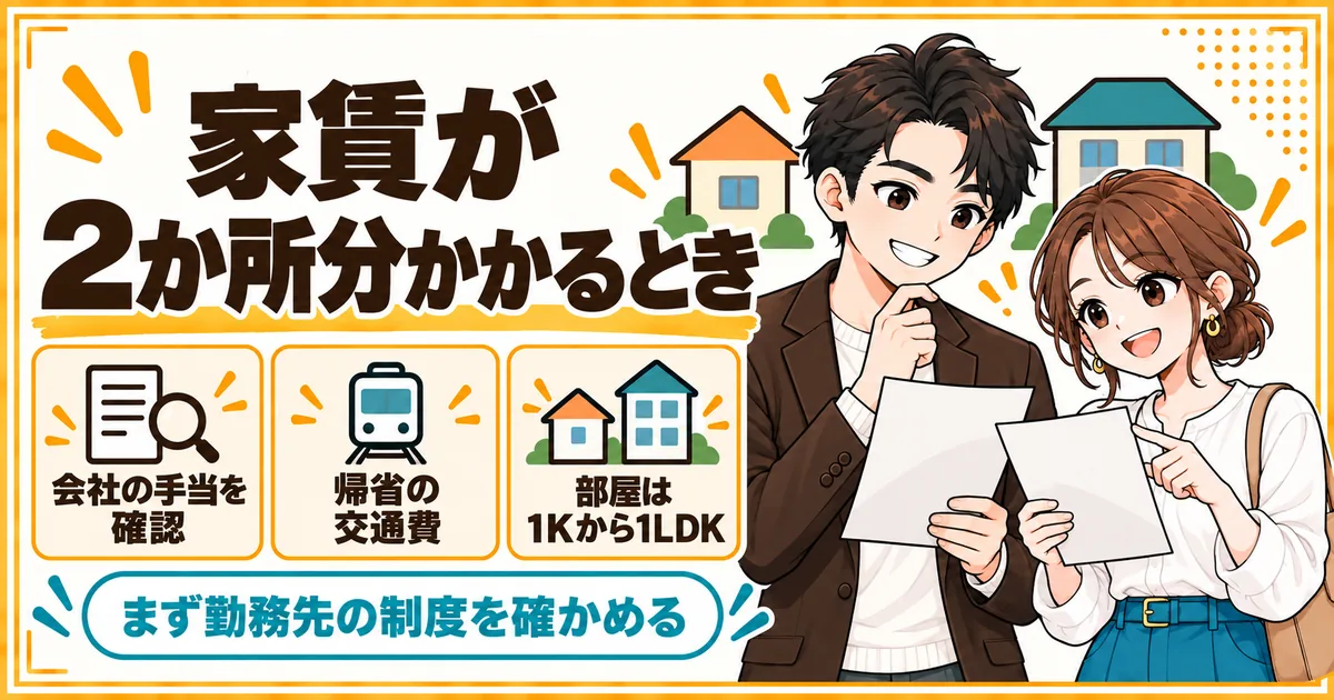 単身赴任で家賃が2か所分かかるときのお金。会社の手当を確かめること、帰省の交通費、赴任先の部屋は1Kから1LDKで足りることを示す