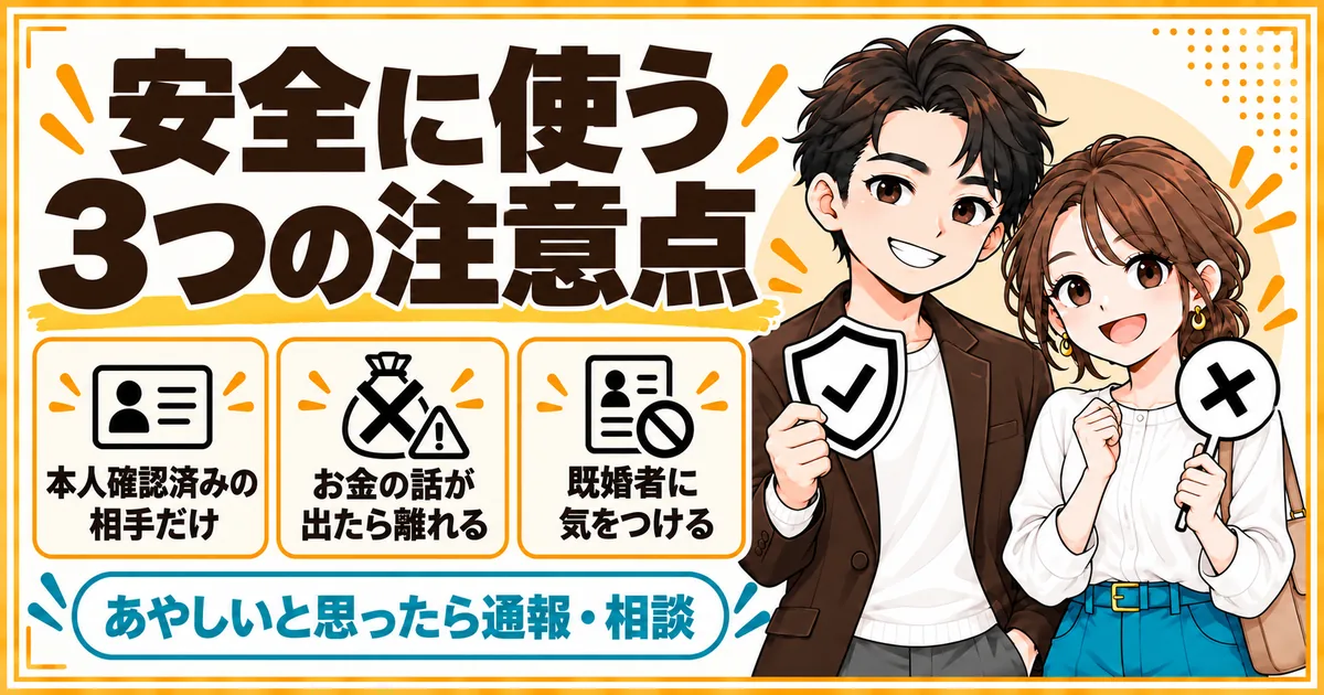 50代が安全にアプリを使う3つの注意点。本人確認済みの相手とだけやり取りし、お金の話が出たら離れ、既婚者に気をつけることを示す