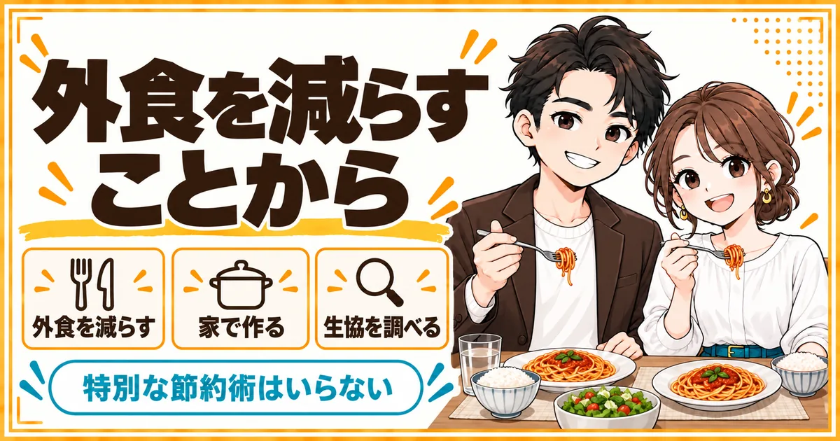DINKs夫婦の食費は外食を減らすことから始め、家で作り、必要なら地域の生協を調べればよいことを示す