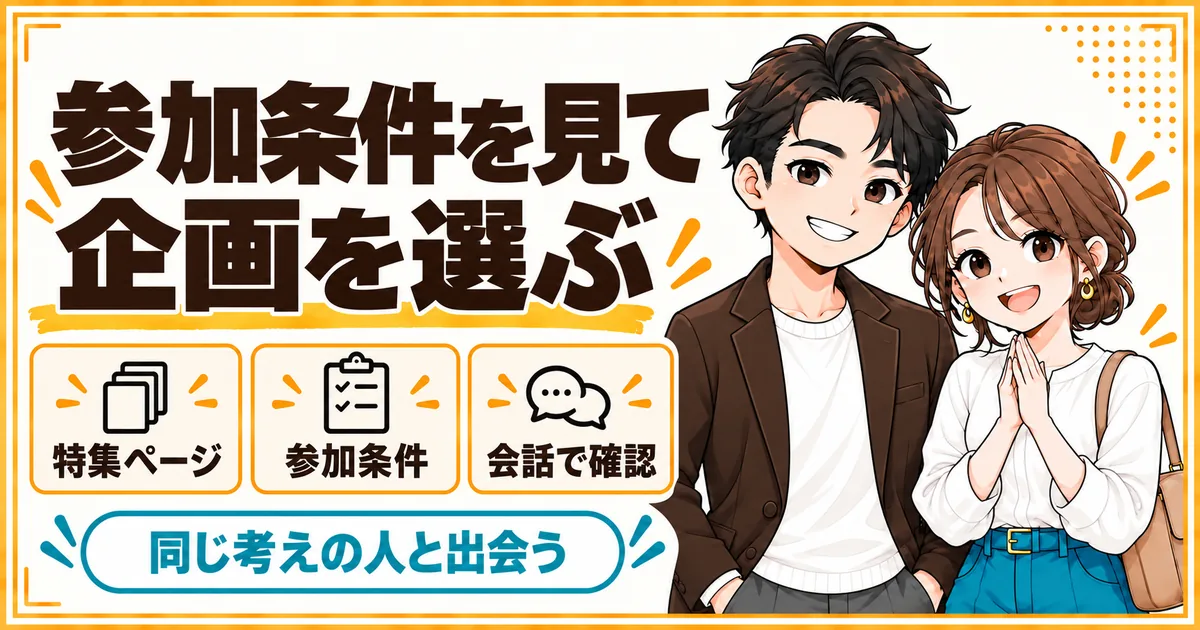 参加条件を見て企画を選ぶ。特集ページ、参加条件、会話での確認の3つを示す
